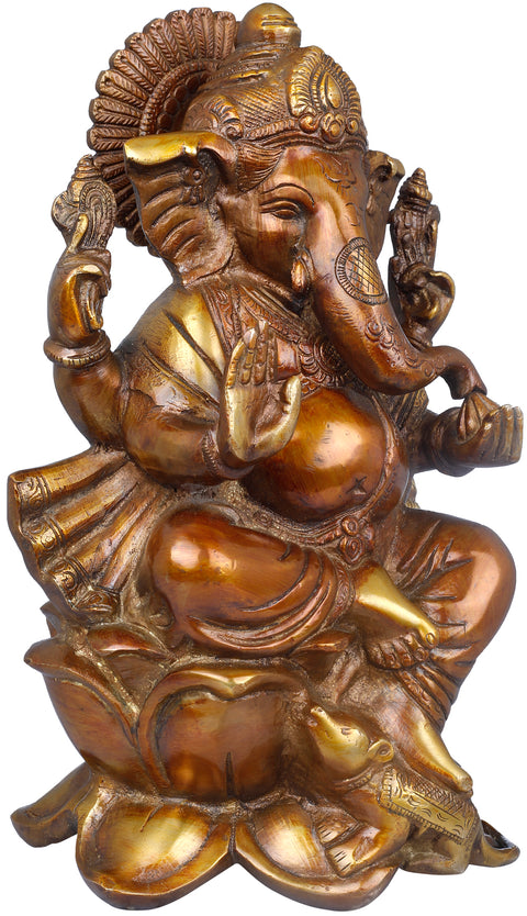 9" Ganesha Seated on Lotus In Brass | Handmade | Made In India