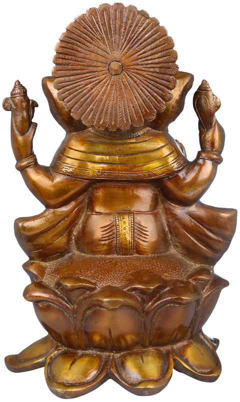 9" Ganesha Seated on Lotus In Brass | Handmade | Made In India