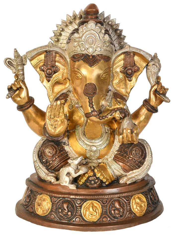 11" Lord Ganesha Brass Idol Granting Abhaya Handmade