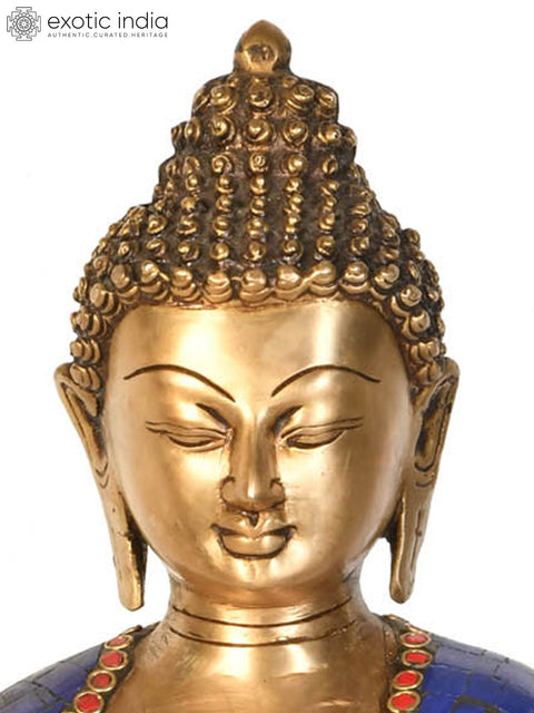 16" Bhishajyaguru Brass Statue with Blue Inlay – Handmade Tibetan Buddhist Deity Idol