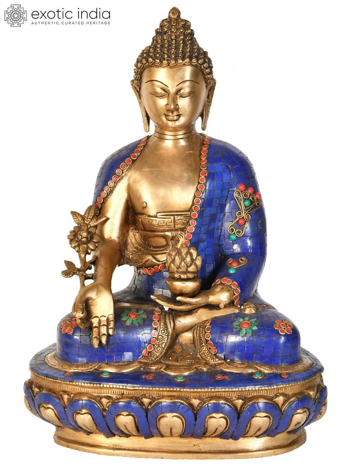 16" Bhishajyaguru Brass Statue with Blue Inlay Ð Handmade Tibetan Buddhist Deity Idol