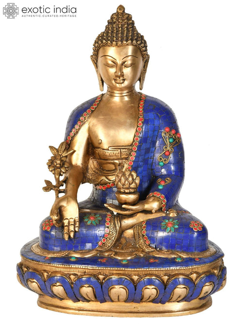 16" Bhishajyaguru Brass Statue Handmade with Blue Inlay