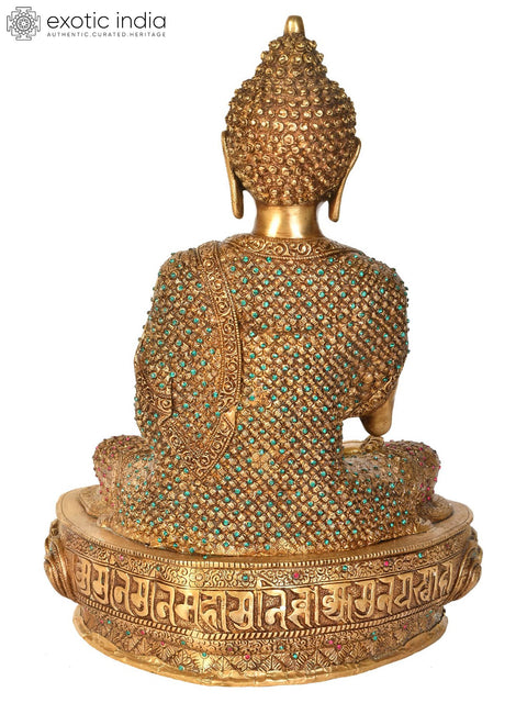 16" Tibetan Buddhist Lord Buddha in Vitark Mudra with Auspicious Mantras on The Back Side In Brass | Handmade | Made In India