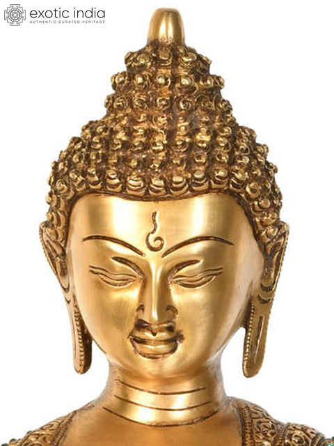 16" Tibetan Buddhist Lord Buddha in Vitark Mudra with Auspicious Mantras on The Back Side In Brass | Handmade | Made In India