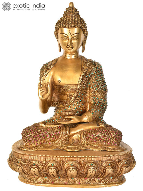 16" Brass Buddha Vitark Mudra Statue with Tibetan Mantras Handmade