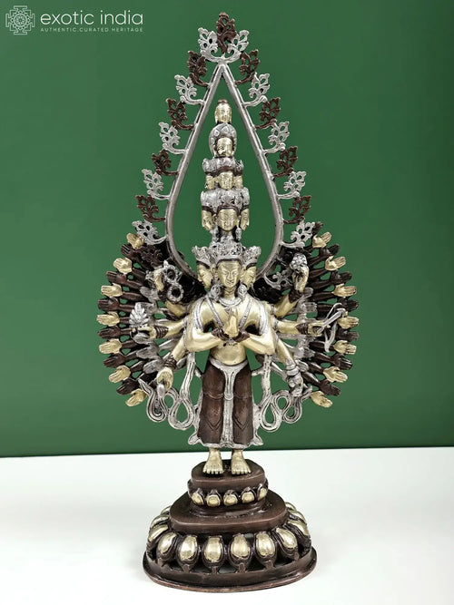 19" Eleven Headed Avalokiteshvara Brass Statue Handmade Buddhist Idol