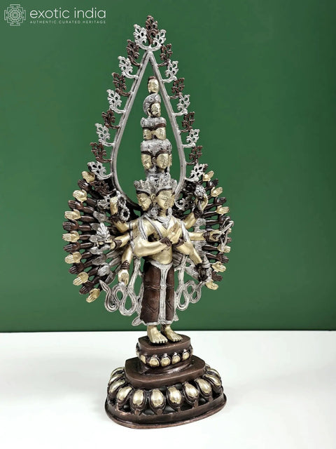 19" Eleven Headed Thousand-Armed Avalokiteshvara Brass Statue | Handmade Tibetan Buddhist Idol | Made in India