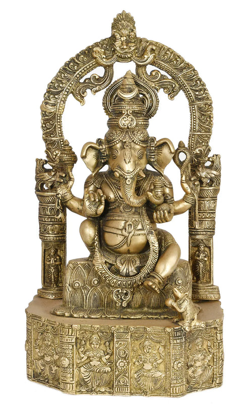 20" Lord Ganesha Seated on Lotus Base Brass Statue Handmade
