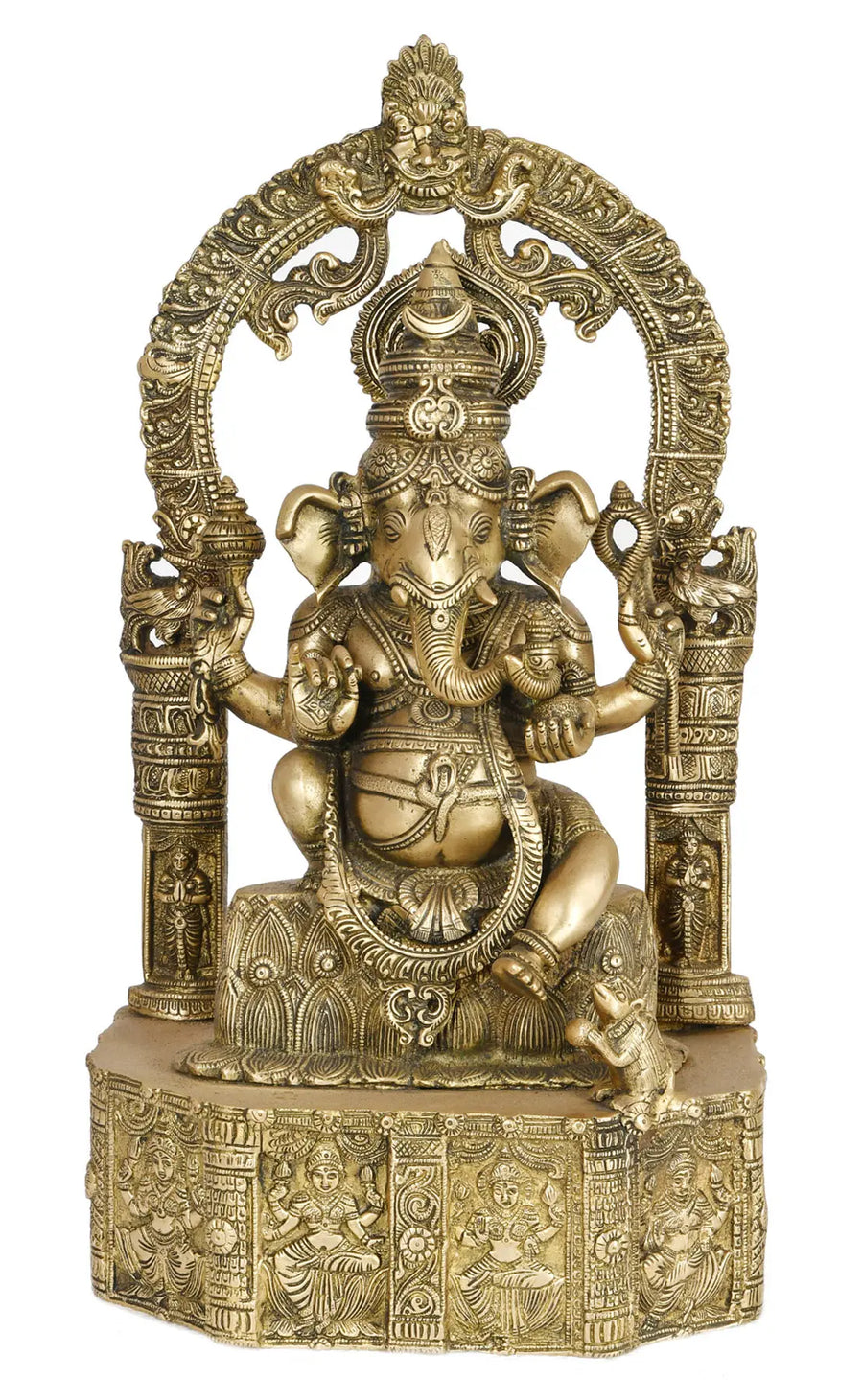 20" Lord Ganesha Seated on Lotus Base Brass Statue Handmade