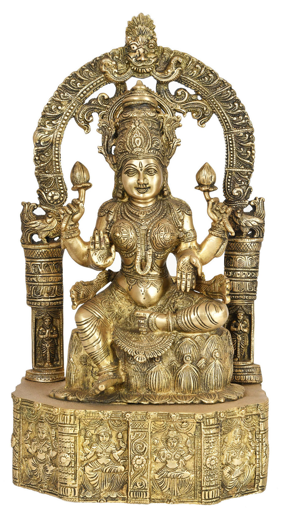 19" Goddess Lakshmi Brass Statue Seated on Lotus Base with Hindu Deities