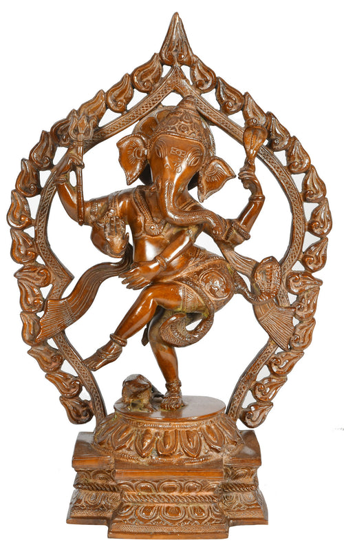 14" Dancing Ganesha Brass Statue with Flaming Aureole Handmade