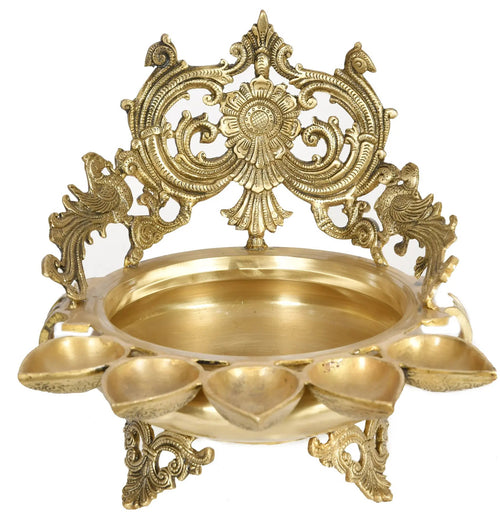 Brass Peacock Urli with Lamp for Home Decor