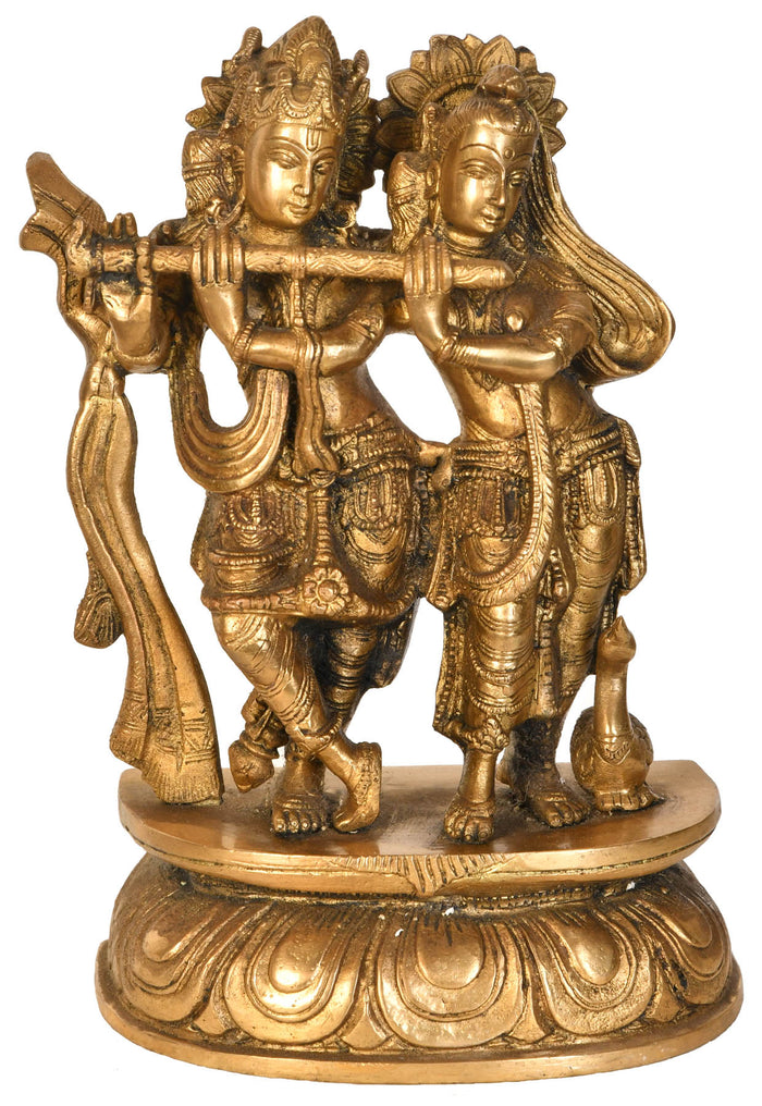 10" Handmade Krishna Teaching Flute to Radha Brass Statue
