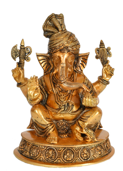 11" Turbaned Ganesha Enjoying Modak In Brass | Handmade | Made In India
