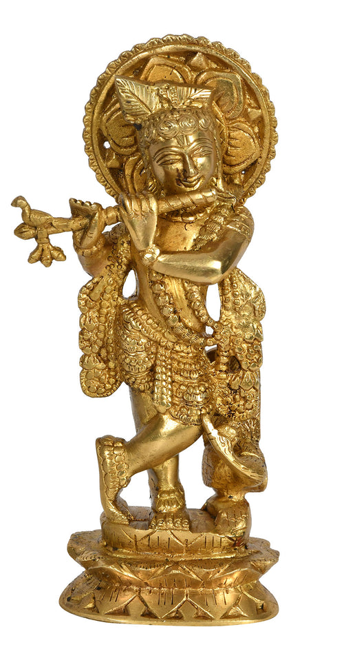 9" Krishna Handmade Brass Statue for Pooja