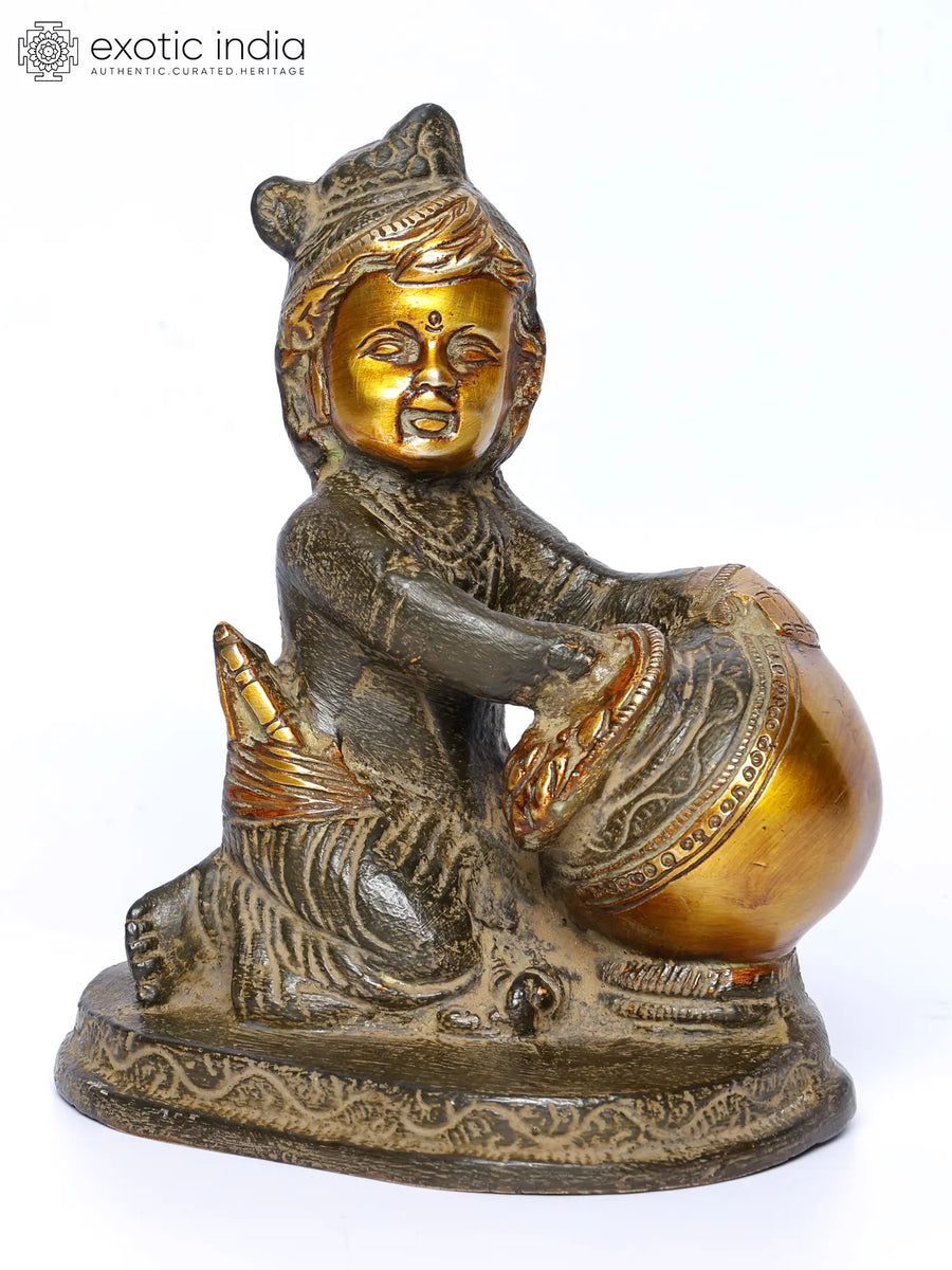 6" Handmade Brass Butter Krishna Statue for Pooja