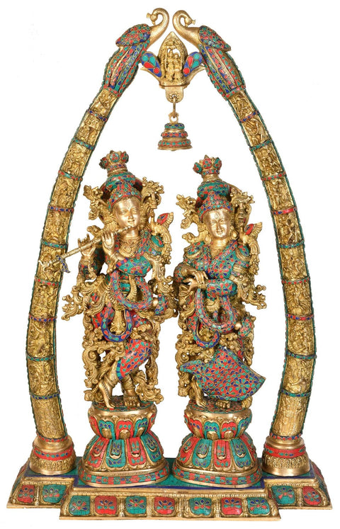 44" Large Size Radha Krishna with Arch Showing Krishna Leela In Brass | Handmade | Made In India