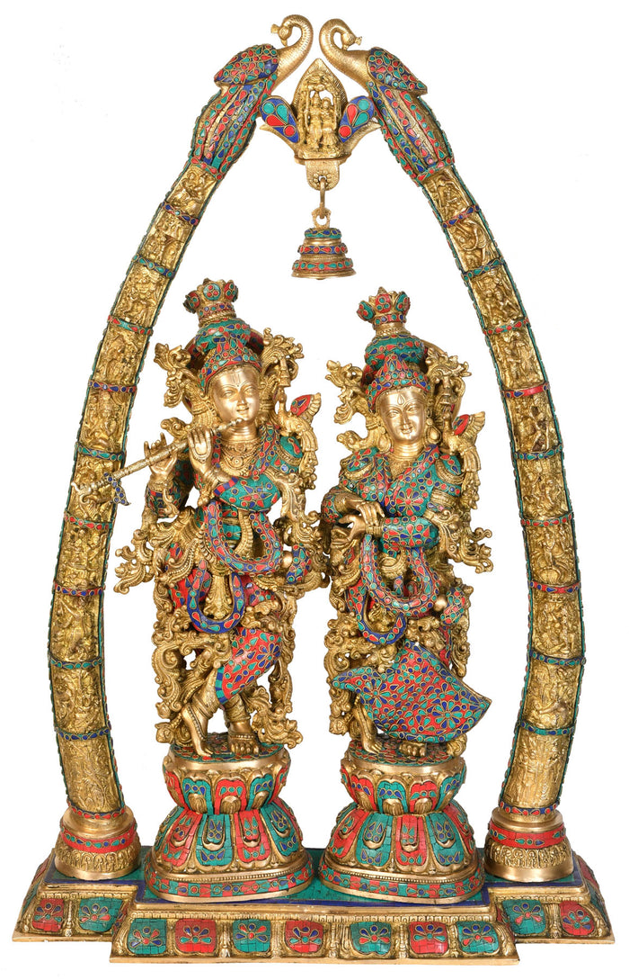 44" Large Size Radha Krishna with Arch Showing Krishna Leela In Brass | Handmade | Made In India