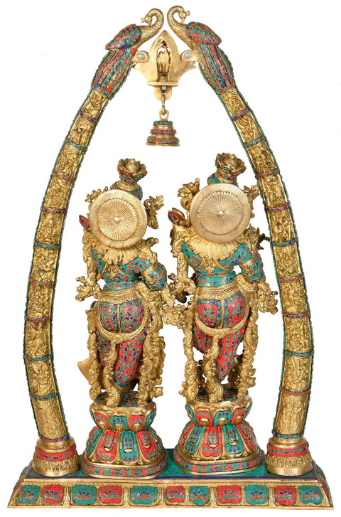 44" Large Size Radha Krishna with Arch Showing Krishna Leela In Brass | Handmade | Made In India