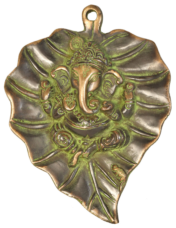 8" Brass Ganesha on Pipal Leaf Wall Hanging Handmade