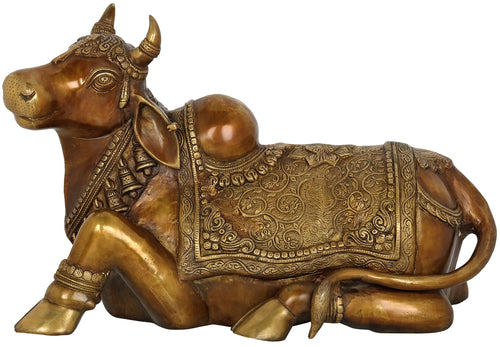 14" Nandi Brass Statue - Handmade Gate-Guardian of Shiva's Kailash