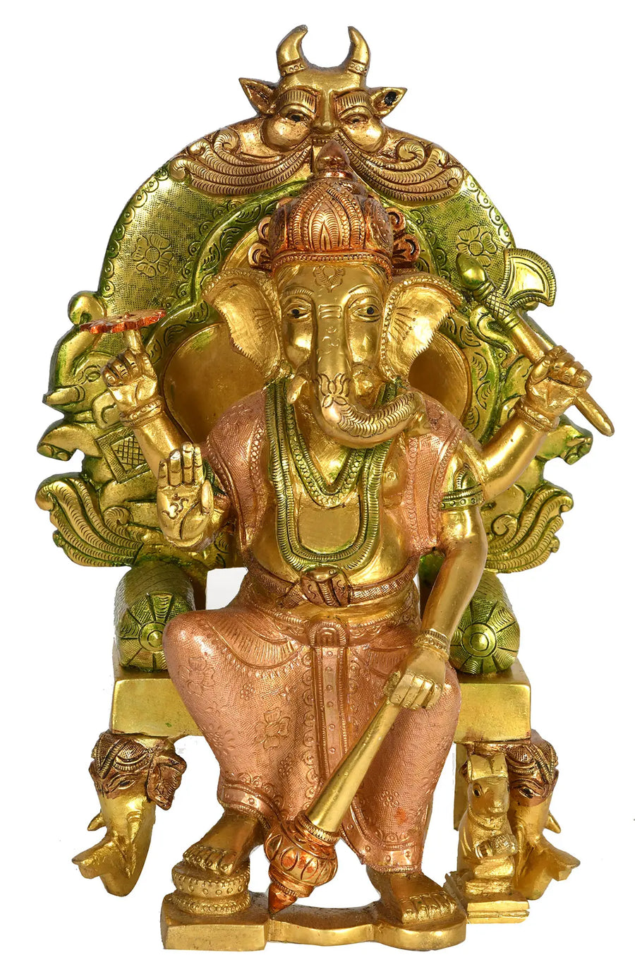 10" Lord Ganesha Seated on Kirtimukha Throne Brass Statue Handmade