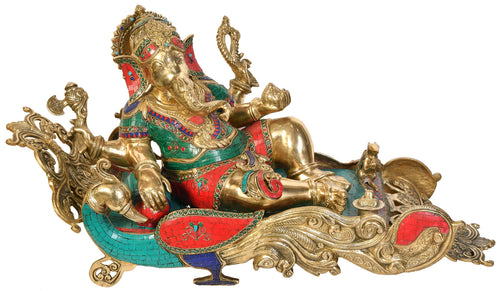 32" Brass Ganesha Idol on Peacock Recliner Handmade Statue