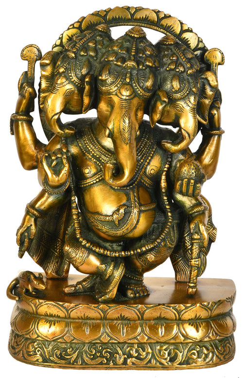 12" Handmade Trimukha Dancing Ganesha Brass Statue