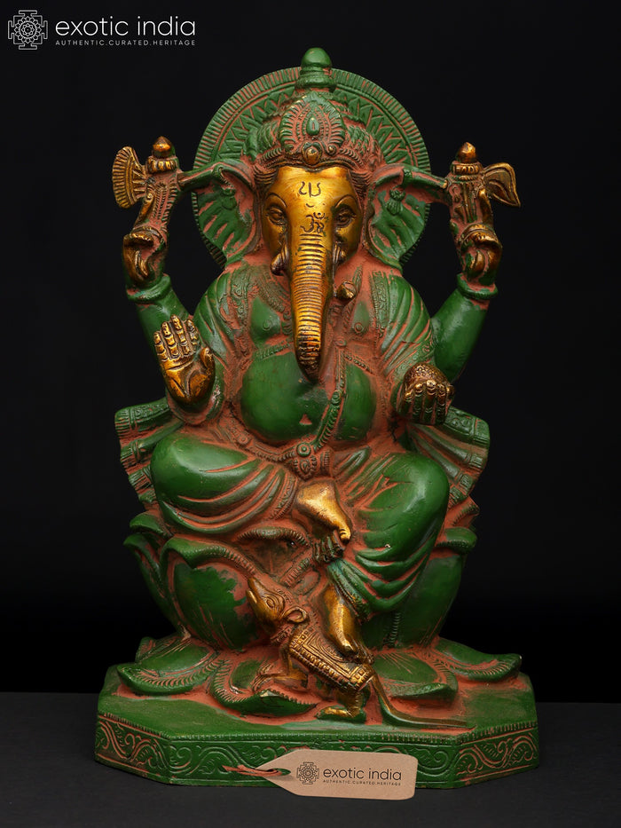10" Handmade Kamalasana Ganesha Brass Statue for Pooja