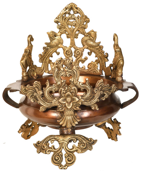 Peacocks and Elephants Brass Urli Pot