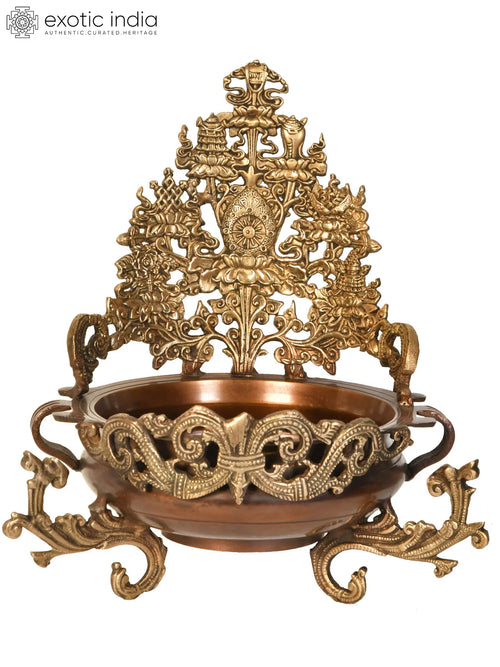 11" Handmade Brass Ashtamangala Urli - Tibetan Buddhist