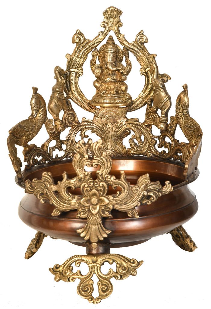 17" Handmade Brass Ganesha Urli with Peacocks and Elephants