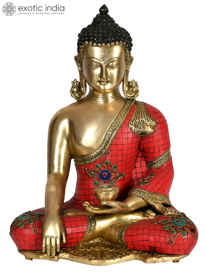 16" Handmade Brass Lord Buddha Earth Touching Gesture Statue