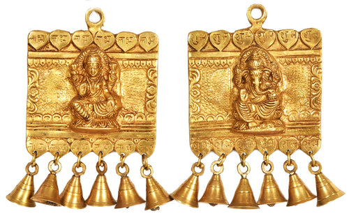 10" Lakshmi Ganesha Shubh Labh Brass Door Hanging with Bells