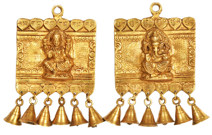 10" Lakshmi Ganesha Shubh Labh Brass Door Hanging with Bells