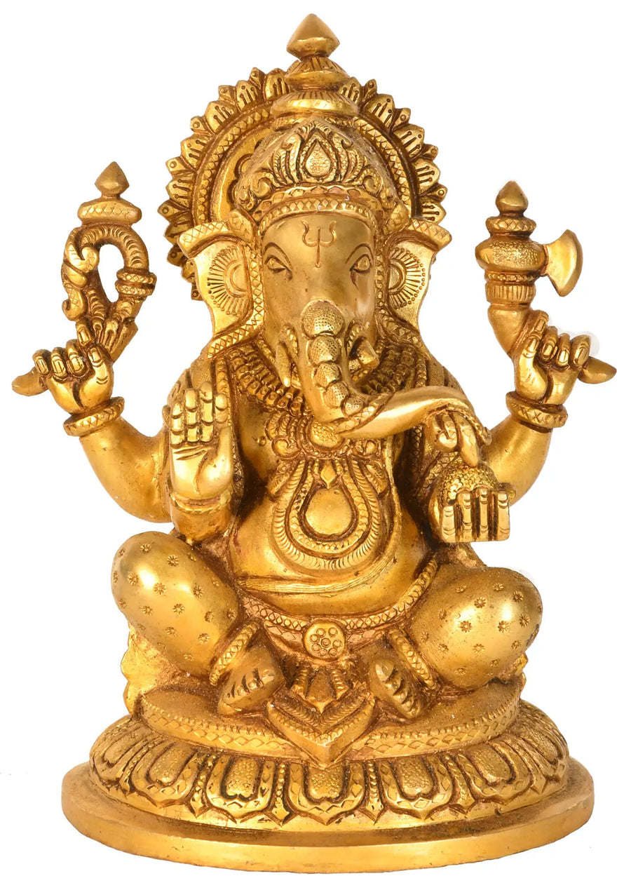 7" Seated Lord Ganesha Brass Statue Handmade