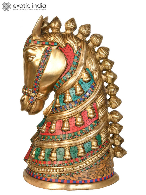 Royal Horse Head Brass Statue with Handmade Inlay Work