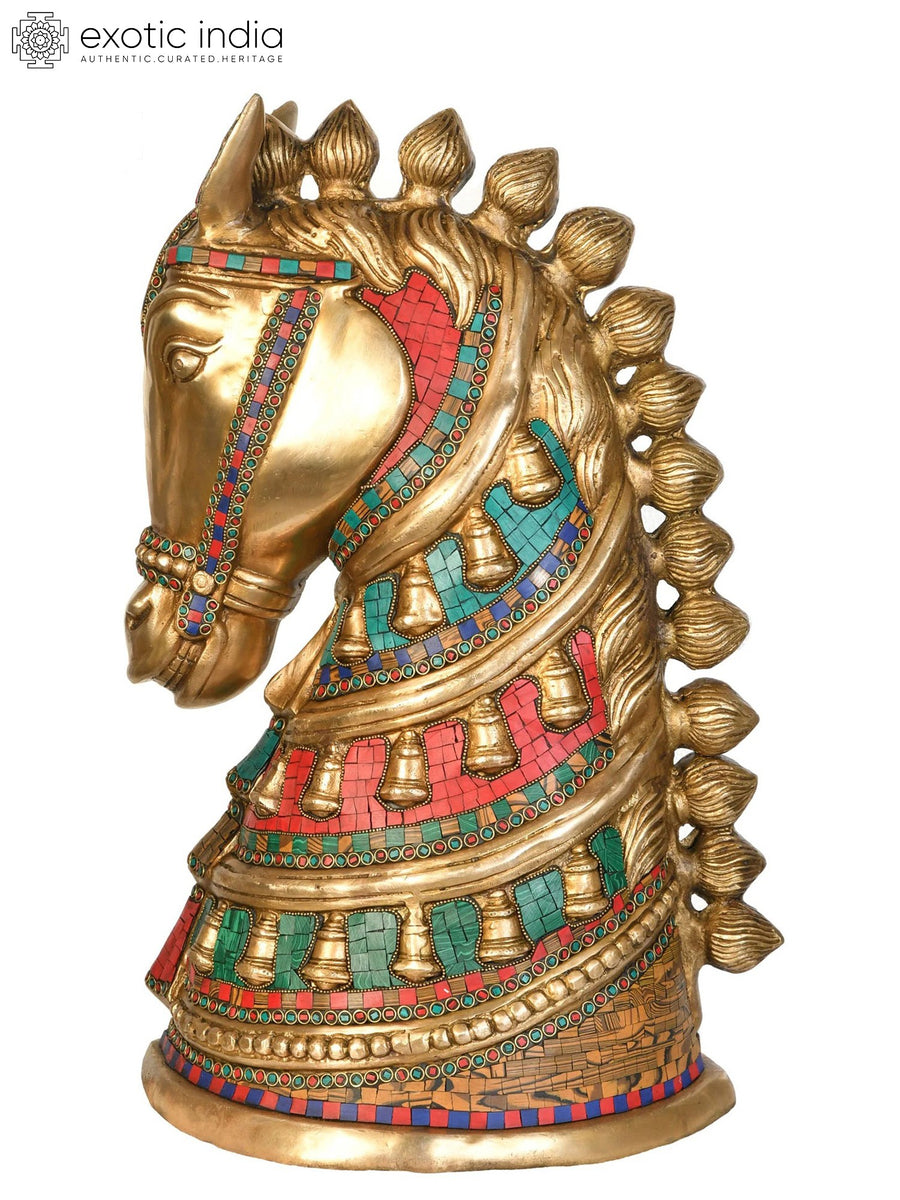 Royal Horse Head Brass Statue with Handmade Inlay Work