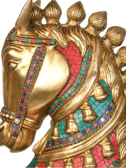 Royal Horse Head Brass Figurine with Intricate Inlay Work