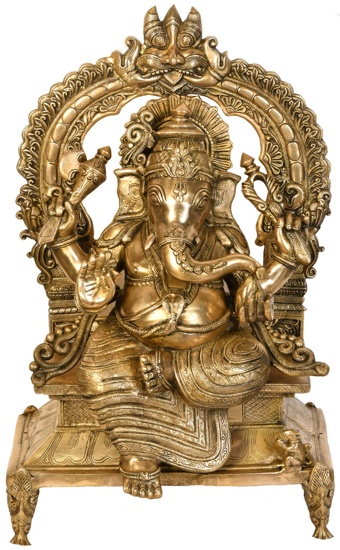 28" Lord Ganesha Seated on Kirtimukha Throne Brass Statue Handmade