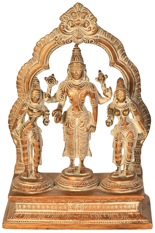10" Lord Vishnu with Shridevi and Bhudevi Handmade Brass Idol