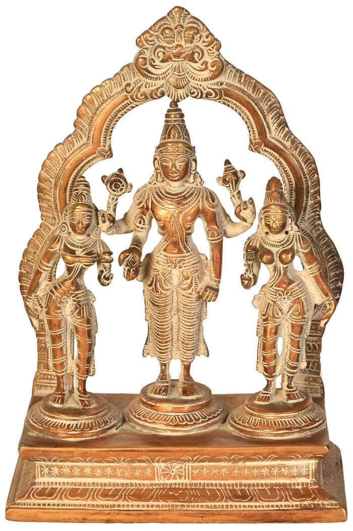 10" Lord Vishnu with Shridevi and Bhudevi Handmade Brass Idol