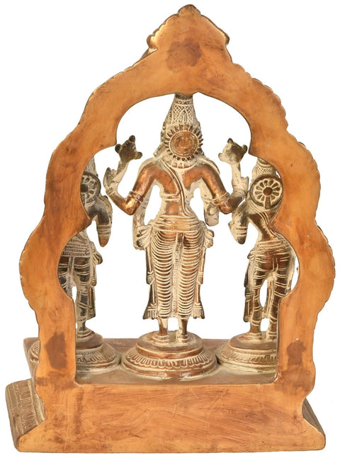 10" Lord Vishnu with Shridevi and Bhudevi In Brass | Handmade | Made In India