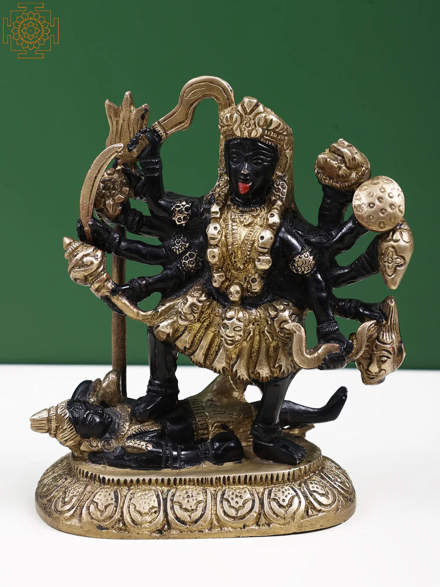 6" Handmade Goddess Kali Brass Statue with Golden Brown Finish
