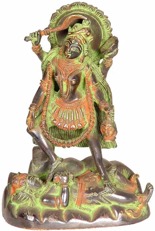 7" Brass Kali Sculpture with Mace - Handmade Chaturbhujadhari Devi Idol