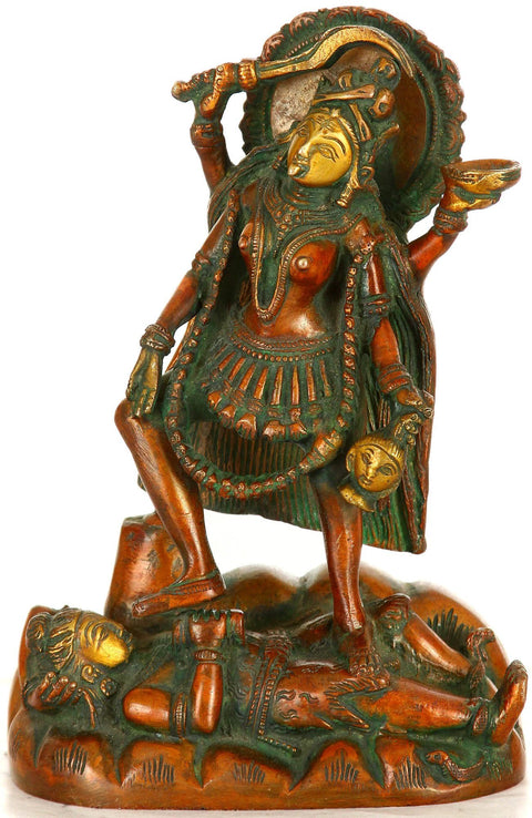 7" Brass Chaturbhujadhari Devi Kali Sculpture Wields Mace | Handmade | Made in India