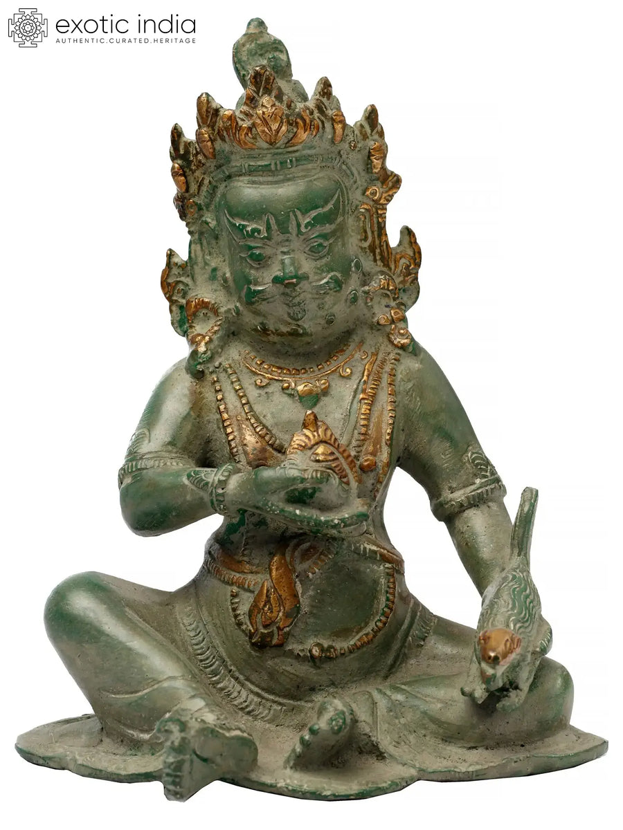 6" Handmade Brass Kubera Statue with Jewel and Mongoose