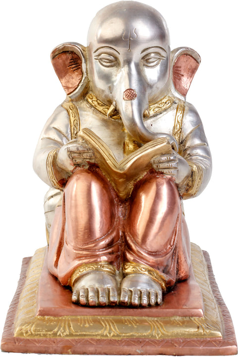 7" Brahmachari Ganesha Enjoying the Mahabharata – Unique Handmade Brass Sculpture