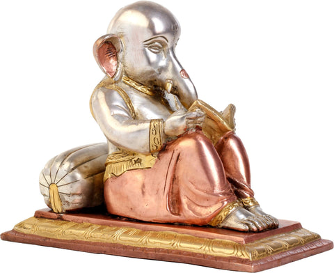 7" Brahmachari Ganesha Enjoying the Mahabharata Ð Unique Handmade Brass Sculpture