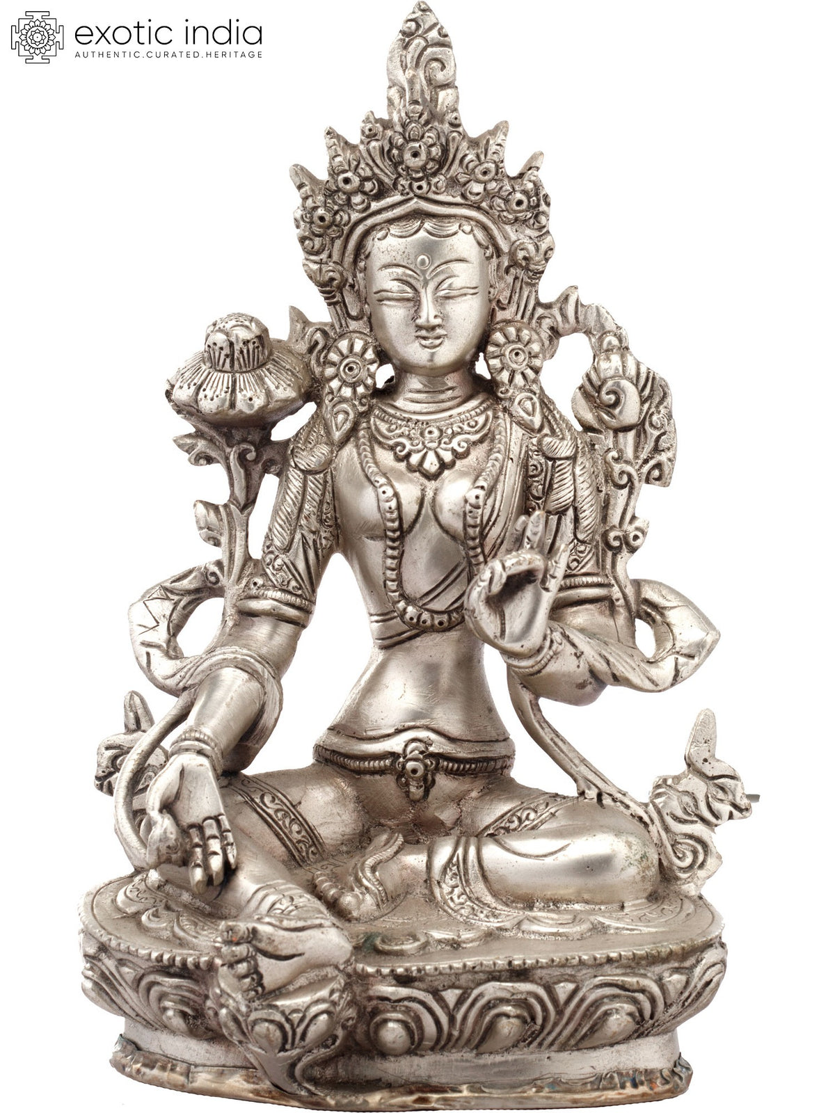 8" Sapta-Lochani Goddess White Tara (Tibetan Buddhist Deity) In Brass | Handmade | Made In India